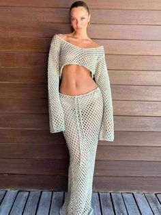 Women’s 2 Piece Cover-ups Crochet Hollow Out Swimsuit Cover Up Off Shoulder Knit Crop Tops and Long Skirt Set Beachwear Dress Swimsuit Aesthetic, Outfits With Skirts, Tie Up Crop Top, Maxi Skirt Set, Vacation Clothes, Summer Things, Knit Projects, Y2k Fairy, Beach Cover Ups