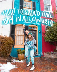 two girls standing in front of a building with the words how to spend one day in alexandria written on it