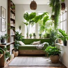 a living room filled with lots of green plants