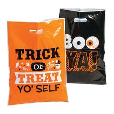 two halloween bags with the words trick or treat yo'self and booya on them