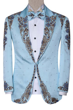 Step out in style with this exquisite baby blue luxury designer wedding tuxedo suit. Made with premium quality fabric and adorned with stunning hand embroidery, this tuxedo is the perfect choice for your big day. Light Blue Tuxedo, Tuxedo Suit For Men, Designer Tuxedo, Gala Event, Wedding Tuxedo, Blue Luxury, Man Clothes, Wedding Dresses Cinderella, Blue Tuxedos