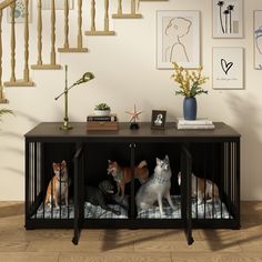 three dogs are sitting in their kennel under the stair railing and some pictures on the wall