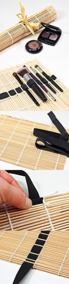 a person is cutting bamboo strips with scissors and other items on the table next to them