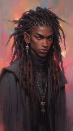 a painting of a man with dreadlocks on his head and wearing a black shirt