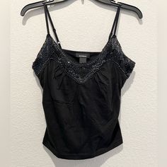 90s Y2k Express Black Camisole Beaded Mesh Neckline Cotton Nwt Built In Bra Sz M Measures Approximately 15” Pit To Pit 17” Length Adjustable Straps Black Spaghetti Strap Top, Black Spaghetti Strap, Lace Cami Top, Satin Cami, Black Camisole, Spaghetti Strap Top, Lace Cami, Tank Top Camisole, Black Tank