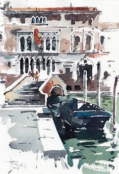 watercolor painting of gondola in venice italy