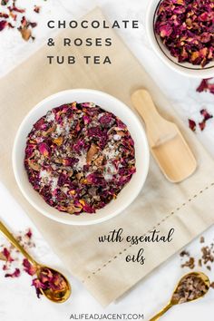 Natural Bath Products, Bath Soak Ingredients, Tea Bag Bath Soak Diy, Bath Tea Soak, Chocolate Bath Salts, Rose Bath Salts Diy, Bath Tea Recipe, Dried Flowers Bath Salts, Romantic Bath