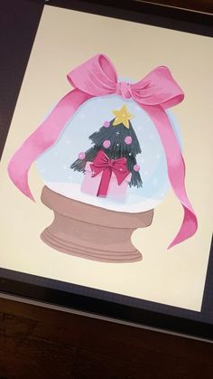 a painting of a snow globe with a christmas tree in it and a pink bow