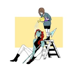 a woman sitting on top of a ladder next to a man