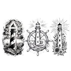 an ink drawing of two lighthouses and a ship wheel with the sun behind them