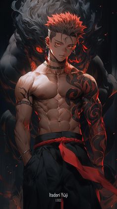 an anime character with red hair and tattoos standing in front of a demon like background