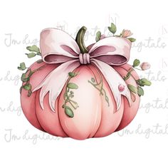 a watercolor painting of a pink pumpkin with a bow on it's head