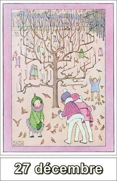 an image of two children playing in the snow with birds flying around them and trees