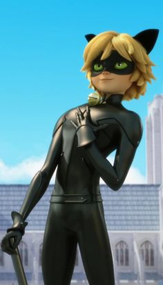 an animated catwoman standing in front of a building