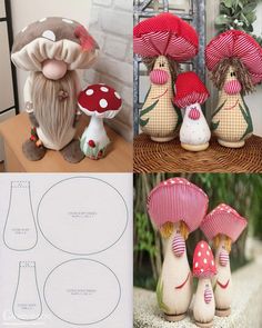 four different pictures of mushrooms and vases with designs on the bottom one is made out of fabric