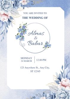 a wedding card with blue flowers and greenery in the middle, on a watercolor background