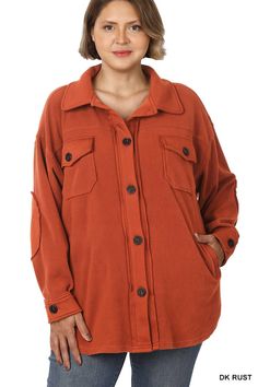 We love a good basic shacket, especially when it's the perfect Fall color! This shacket is dark rust, oversized and features a front button closure and elbow patches! Fabric Content: 100% POLYESTER Plus Size Clothing Zenana Label Fleece Shacket, Winter Comfort, Curvy Plus Size, Performance Wear, Elbow Patches, Utility Jacket, Sheer Fabrics, Look Chic, Yoga Clothes