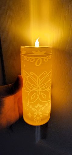 a yellow lit candle sitting on top of a wooden table next to a hand holding it