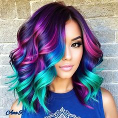 Blue Purple Teal Hair, Disney Hair Color Ideas, Bright Vivid Hair Color, Halloween Hair Color Ideas For Brunettes, Pink Purple Teal Hair, Halloween Color Hair, Colored Hair With Dark Roots, Winter Purple Hair, Blonde And Vivid Hair Color Ideas