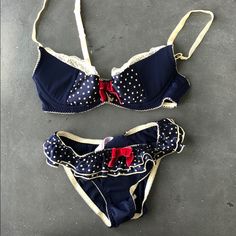 Cute Navy Bra And Underwear Set With Velvet Straps And Bows. Wore The Bra A Couple Of Times And The Underwear Is New With Tags. Beach Swimsuit, Cute Bathing Suits, Beach Style, Women's Intimates, Bathing Suits, Pretty Outfits, Style Me, Bra, Cute Outfits