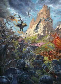 an image of a battle with knights in the middle of it and horses on the other side