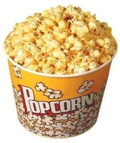 popcorn in a yellow cup on a white background with the word popcorn printed on it