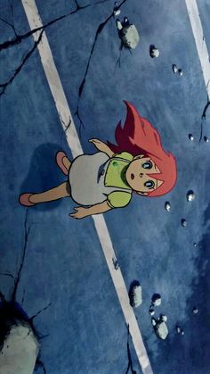 an anime character with red hair standing in the middle of a parking lot