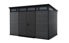 a black shed with the door open and windows on it's side, in front of a white background