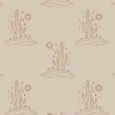 a desert scene with cactus trees and sunbursts in the sky, on a beige background