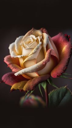 a white and yellow rose with green leaves in the foreground, on a black background