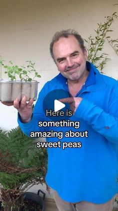 a man holding two pots with plants in them and the caption here is something amazing about sweet peas