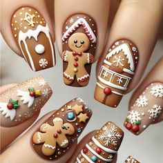 Super Cute And Stylish Ships In 5-10 Business Days Ginger Bread Nails Christmas, Ginger Bread Nail Art, Ginger Bread Nails Design, Ginger Bread Nail Designs, Bread Nails, Gingerbread Nails, Holiday Nail, Nail Art Set