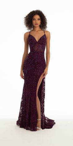 Give yourself that extra boost of self-love with the Strappy Back Sweetheart Lace Trumpet Dress with Side Slit.  Slide into the event with a dress that features a sweetheart neckline with spaghetti straps, fitted corset bodice with heat set stones, lace trumpet skirt with thigh high side slit and horse hair hem, and op Plum Prom Dress, Plum Dresses, Winter Ball Dresses, Trumpet Prom Dress, Gothic Gowns, Fitted Corset, Hoco Inspo, Debs Dress, Movie Ideas