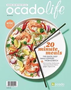 the cover of ocadolife magazine features shrimp, vegetables and rice with chopsticks