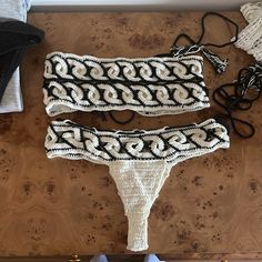 Off White And Black Swim Suit, Very Cheeky Bottom, Crochet, Never Worn, The Top Is A Tube Top With Tie Back So It’s Adjustable. The Top Is For Someone Who Is More On The Smaller Chested Side. (A Or B Cup) This Suit Is Stunning. Boho Crafts, Andi Bagus, Crochet Swimsuit, Boho Crafts Diy, Black Tube, B Cup, Black Crochet, Black Swimsuit, Swim Suit