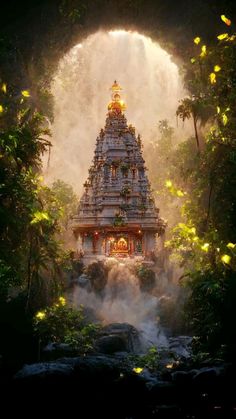 an image of a temple in the middle of some trees and water with fireflies around it