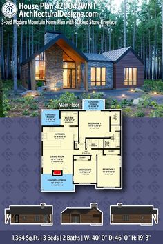 the floor plan for this modern cabin home is shown in three different colors and sizes