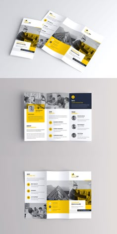 three fold brochure mockups with yellow accents