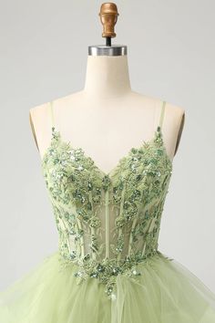 Amzcw Sparkly Light Green A Line Spaghetti Straps Corset Short Tiered Homecoming Dress Hoco Dress Corset, Party Dress Aesthetic, Party Dress Inspiration, Light Green Dress, Lovely Partner, Green Corset, Yacht Party, Tulle Homecoming Dress, Line Light