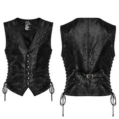 This Men's Gothic Floral Jacquard Lace-up Vest is a captivating fusion of gothic elegance and intricate detailing. Constructed from high-quality non-stretch jacquard woven fabric, the vest exudes a sense of luxury and sophistication.    The standout feature of this vest is the exquisite jacquard flower pattern design in contrasting black and blue colors. The intricate floral motifs add depth and visual interest to the fabric, creating a striking and eye-catching look that is characteristic of go Vests Outfits, Rave Men, Gothic Mode, Gothic Floral, Gothic Elegance, Steampunk Fashion Male, Gothic Skirts, Flower Pattern Design, Floral Jacquard