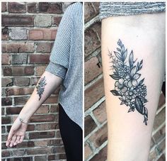 two images show the same tattoo on one arm and another with flowers on the other