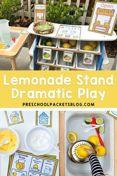 Lemonade Stand Dramatic Play set up Lemonade Stand Dramatic Play, Kids Lemonade Stands, Pretend Play Printables, How To Make Lemonade, Kids Lemonade, Dramatic Play Themes, Dramatic Play Preschool, Homemade Signs, Teacher Craft