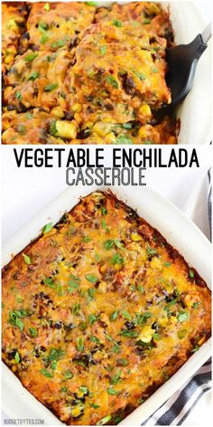 vegetable enchilada casserole in a white dish