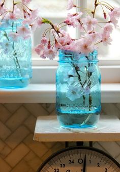 two mason jars filled with water and pink flowers sitting on a scale in front of a window