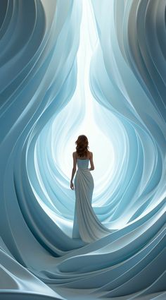 a woman in a white dress is walking through an abstractly designed tunnel