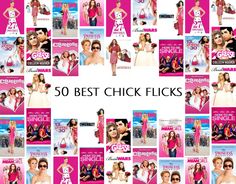 the cover of 50 best chick flicks magazine, with photos of models in pink and white