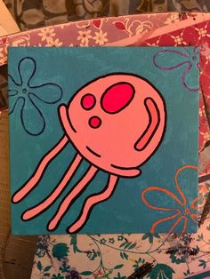 a painting of a pink jellyfish on a blue background with flowers and butterflies around it