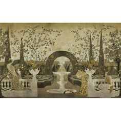 an artistic painting with cats and flowers on the wall next to a fountain in front of trees