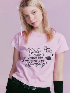 This is a casual and trendy top by MOONFAIRY that is made out of high quality and sturdy material. With distinctive mood of the design and comfortable wear, you can style it for your casual daily outfit.- Unique graphic artwork detail- Soft and sturdy cotton 100% fabric- Young and feminine mood Casual Pink Slogan T-shirt, Pink Relaxed Fit T-shirt With Letter Print, Cute Pink T-shirt With Graphic Print, Pink Slogan T-shirt With Short Sleeves, Pink Y2k T-shirt With Letter Print, Cute Pink T-shirt With Text Print, Trendy Pink T-shirt With Text Print, Pink Slogan T-shirt For Streetwear, Trendy Pink T-shirt With Screen Print