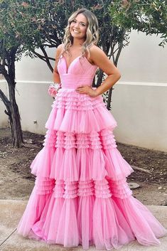 Pink Prom Dresses Long, Evening Dresses Pink, Layered Prom Dress, Tiered Prom Dress, Pink Ball Gown, Prom Dresses Long Pink, Senior Prom Dresses, Stunning Prom Dresses, Spaghetti Strap Prom Dress